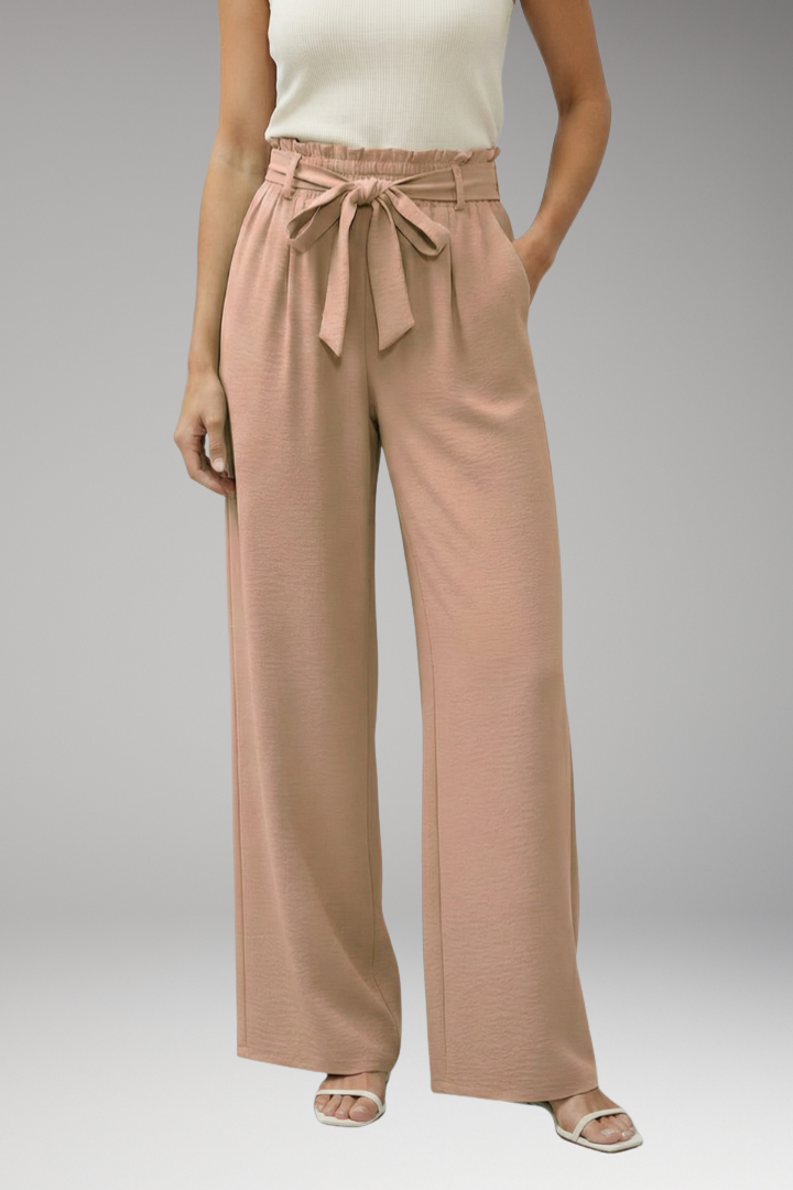 Women's Palazzo Trousers with Waist Tie Belt and Pockets