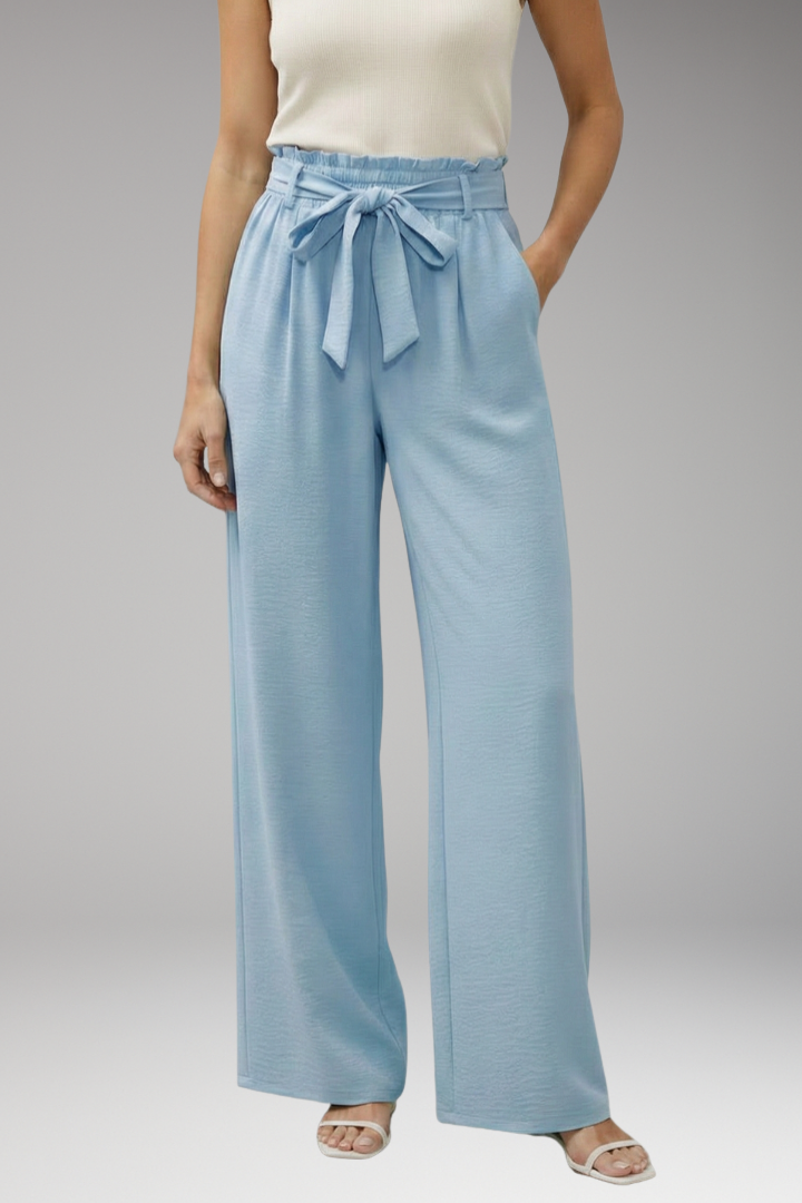 Women's Palazzo Trousers with Waist Tie Belt and Pockets