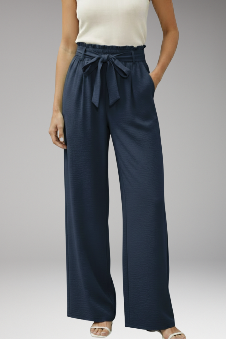 Women's Palazzo Trousers with Waist Tie Belt and Pockets