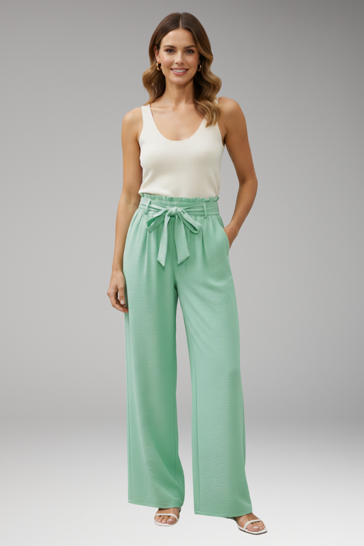 Women's Palazzo Trousers with Waist Tie Belt and Pockets