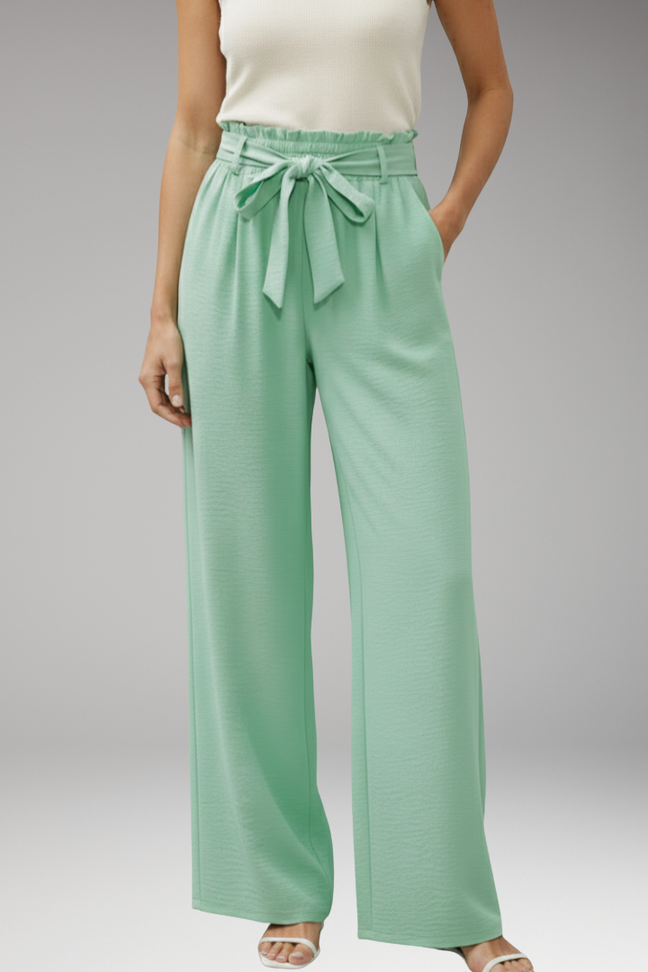 Women's Palazzo Trousers with Waist Tie Belt and Pockets