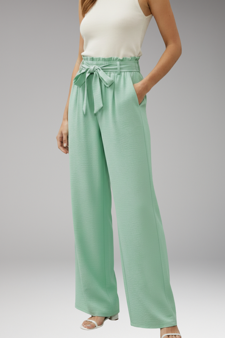 Women's Palazzo Trousers with Waist Tie Belt and Pockets