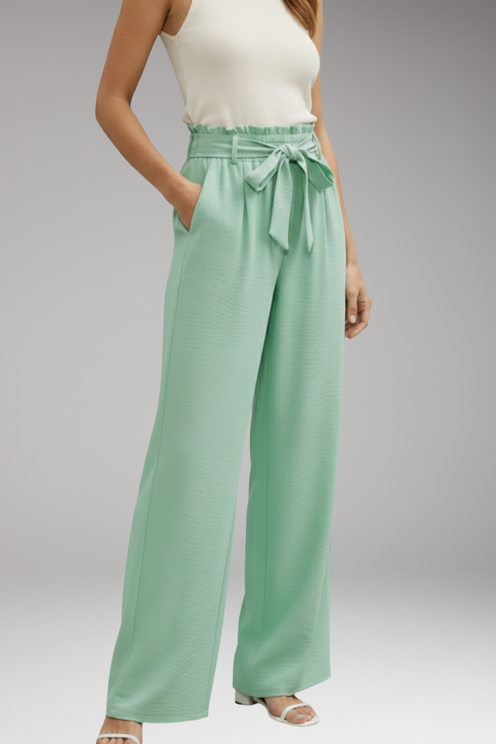Women's Palazzo Trousers with Waist Tie Belt and Pockets