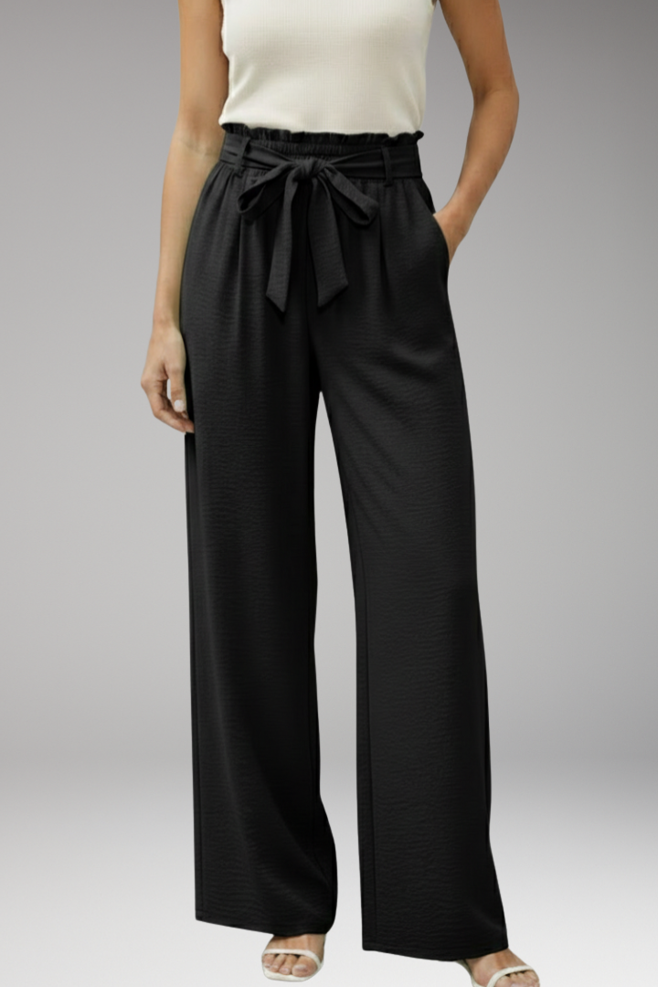 Women's Palazzo Trousers with Waist Tie Belt and Pockets