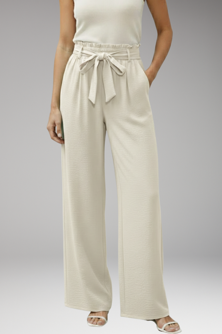 Women's Palazzo Trousers with Waist Tie Belt and Pockets
