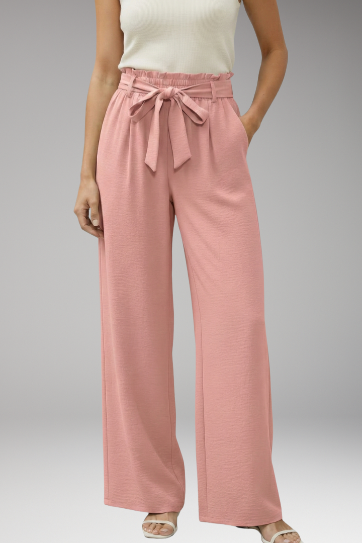 Women's Palazzo Trousers with Waist Tie Belt and Pockets