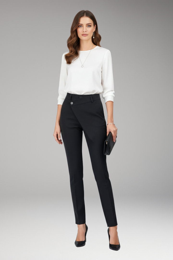 Women’s Trousers with Asymmetric Waistband and Slim Legs