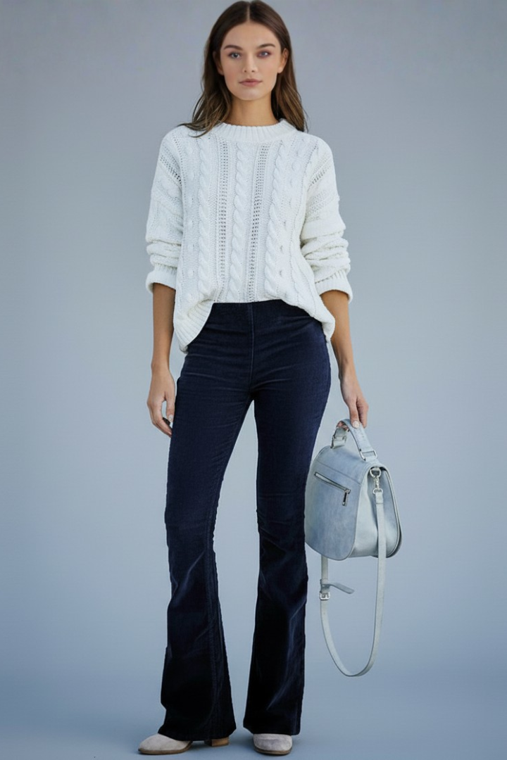Women’s Trousers with Ribbed Surface and Flared Legs