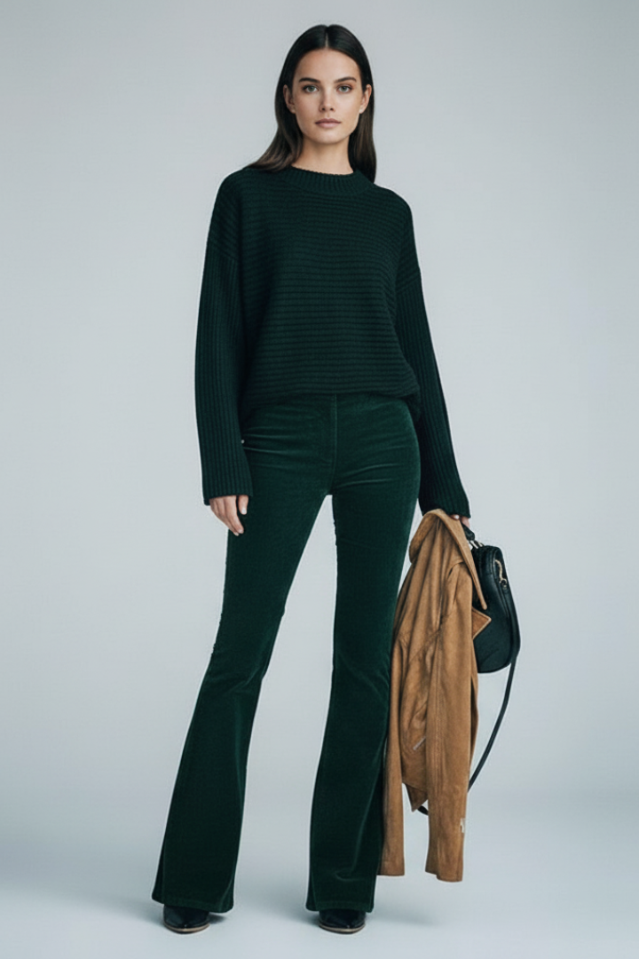 Women’s Trousers with Ribbed Surface and Flared Legs