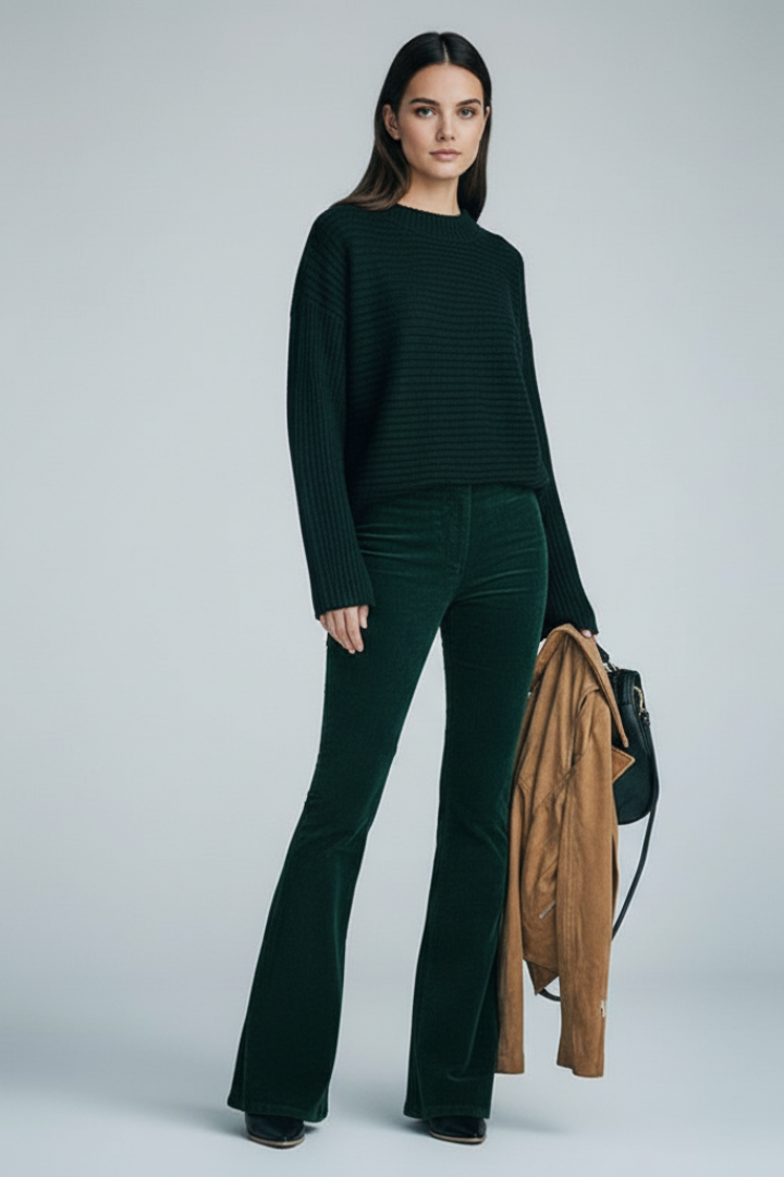 Women’s Trousers with Ribbed Surface and Flared Legs
