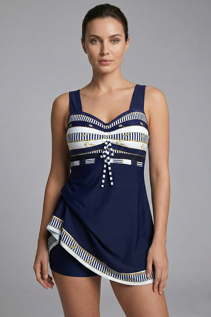 Women’s Patchwork Tankini with Strappy Top and Ruched Waist