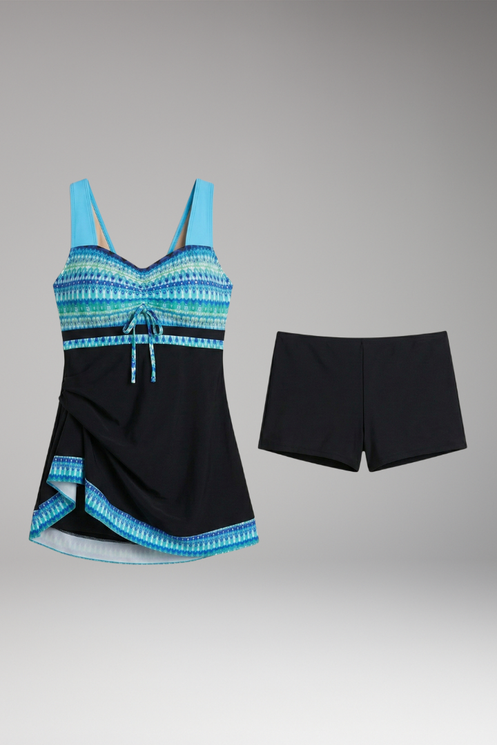 Women’s Patchwork Tankini with Strappy Top and Ruched Waist