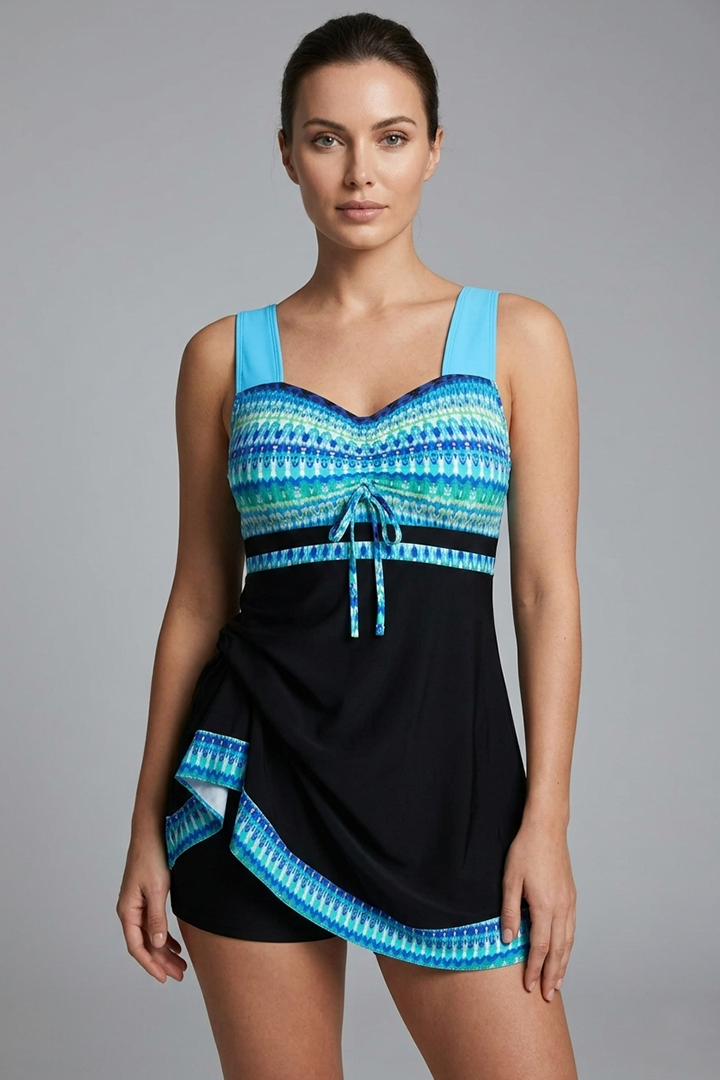 Women’s Patchwork Tankini with Strappy Top and Ruched Waist