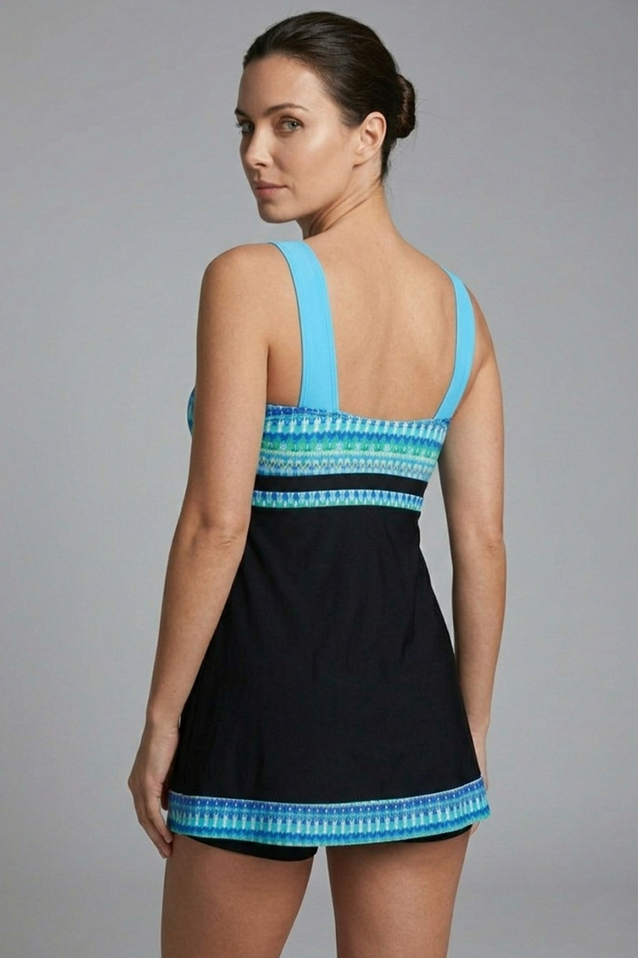 Women’s Patchwork Tankini with Strappy Top and Ruched Waist