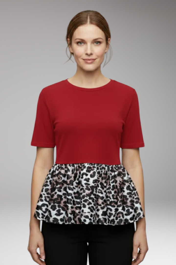 Women's Peplum T‑Shirt with Leopard Print and Round Neck