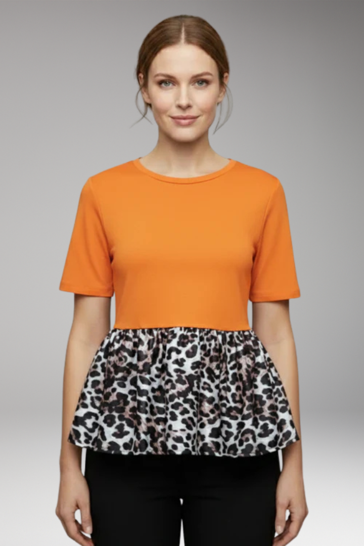 Women's Peplum T‑Shirt with Leopard Print and Round Neck