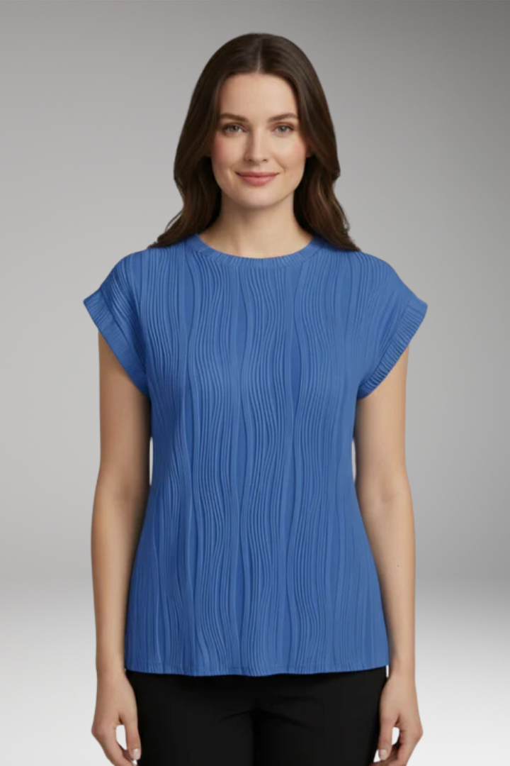 Women's Pleated Top with Round Neck and Short Sleeve