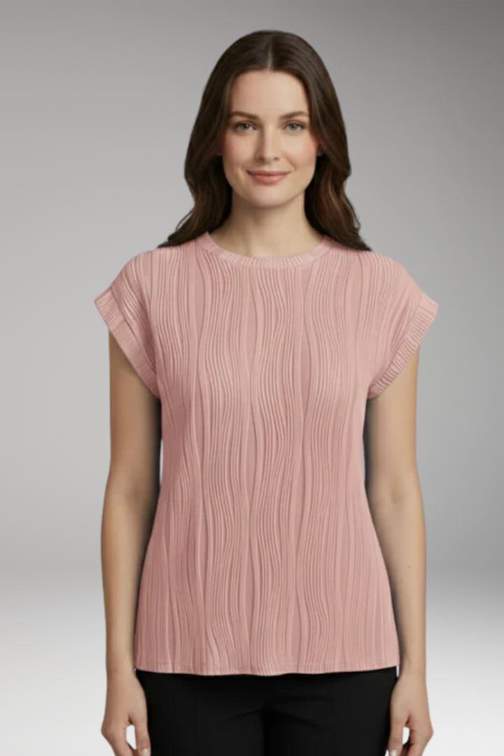Women's Pleated Top with Round Neck and Short Sleeve