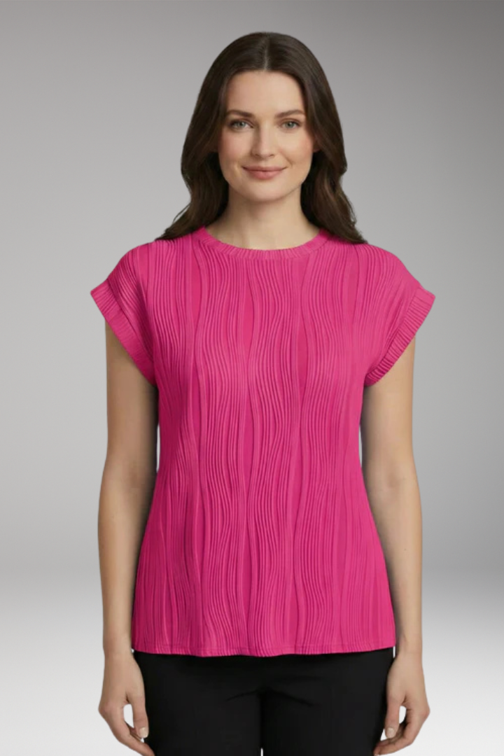Women's Pleated Top with Round Neck and Short Sleeve