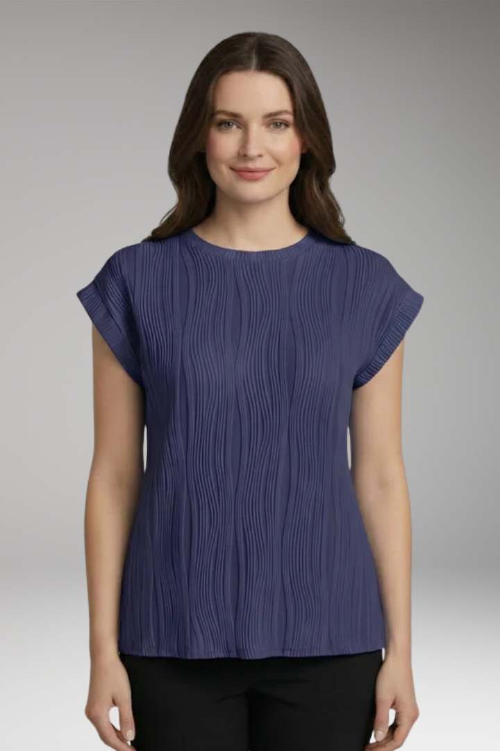 Women's Pleated Top with Round Neck and Short Sleeve