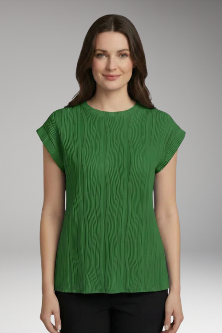 Women's Pleated Top with Round Neck and Short Sleeve