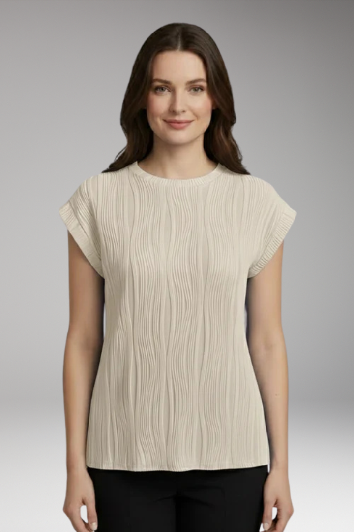 Women's Pleated Top with Round Neck and Short Sleeve