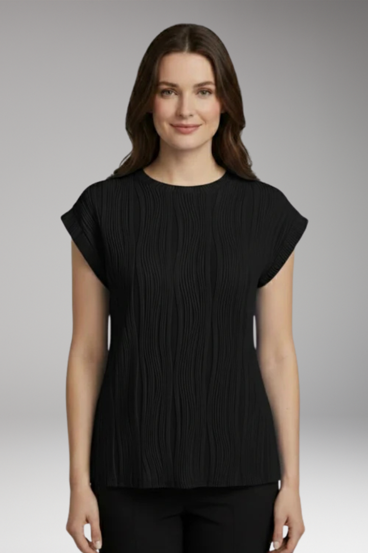 Women's Pleated Top with Round Neck and Short Sleeve