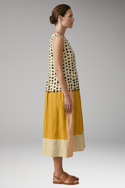 Women's Polka Dot Colourblock Midi Dress with Sleeveless Design