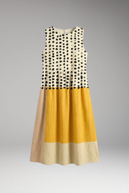 Women's Polka Dot Colourblock Midi Dress with Sleeveless Design