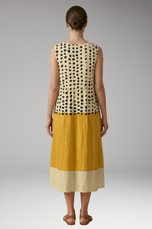 Women's Polka Dot Colourblock Midi Dress with Sleeveless Design