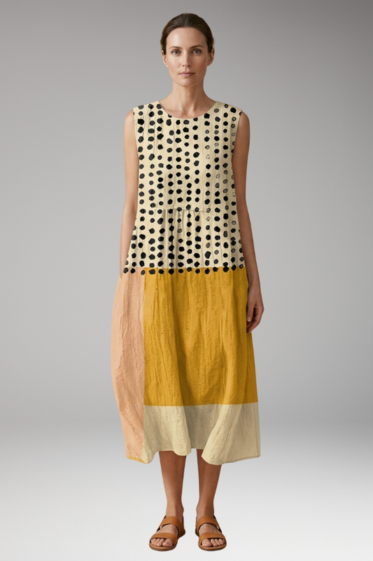 Women's Polka Dot Colourblock Midi Dress with Sleeveless Design