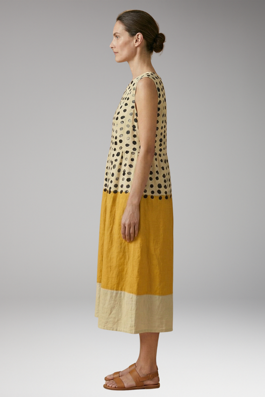 Women's Polka Dot Colourblock Midi Dress with Sleeveless Design