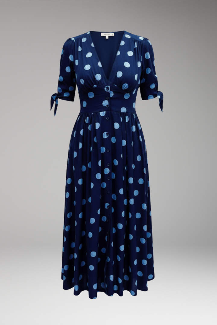 Women's Polka Dot Midi Dress with Buttons and Fitted Design