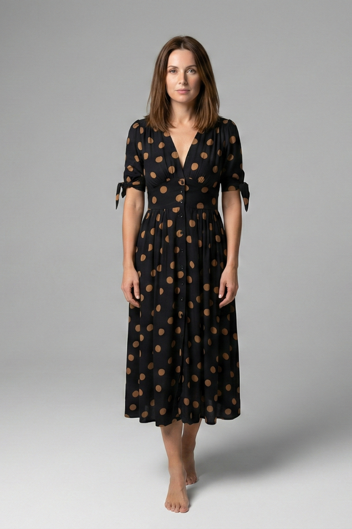 Women's Polka Dot Midi Dress with Buttons and Fitted Design