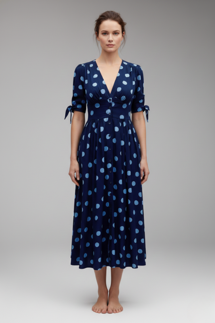 Women's Polka Dot Midi Dress with Buttons and Fitted Design