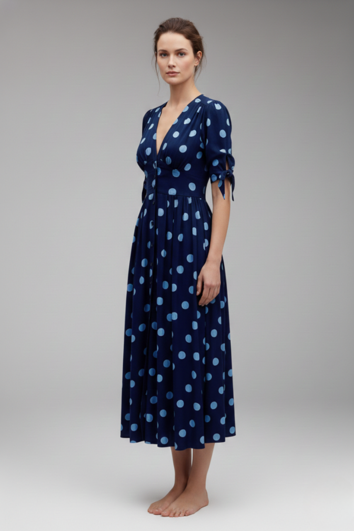 Women's Polka Dot Midi Dress with Buttons and Fitted Design