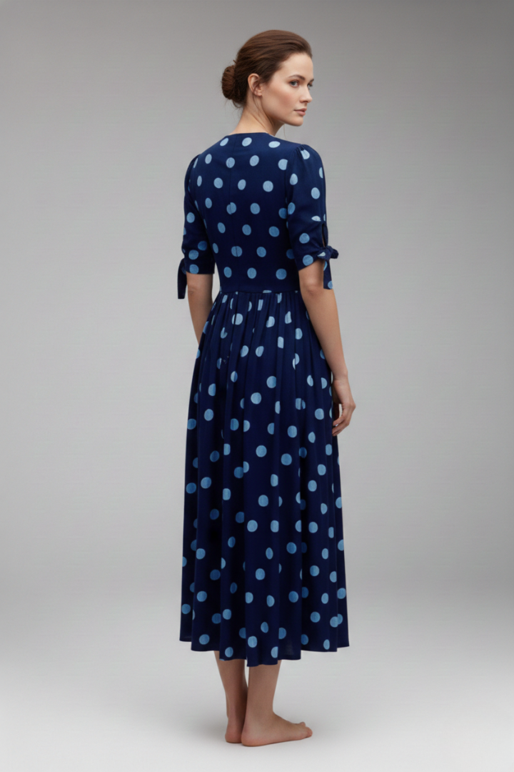 Women's Polka Dot Midi Dress with Buttons and Fitted Design