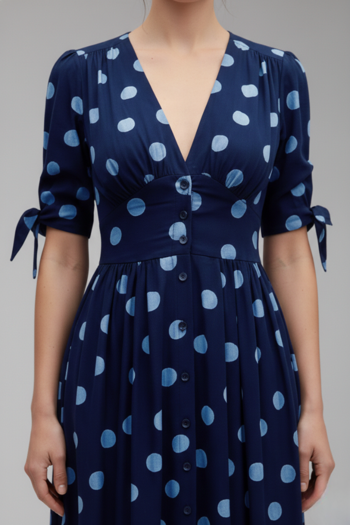 Women's Polka Dot Midi Dress with Buttons and Fitted Design
