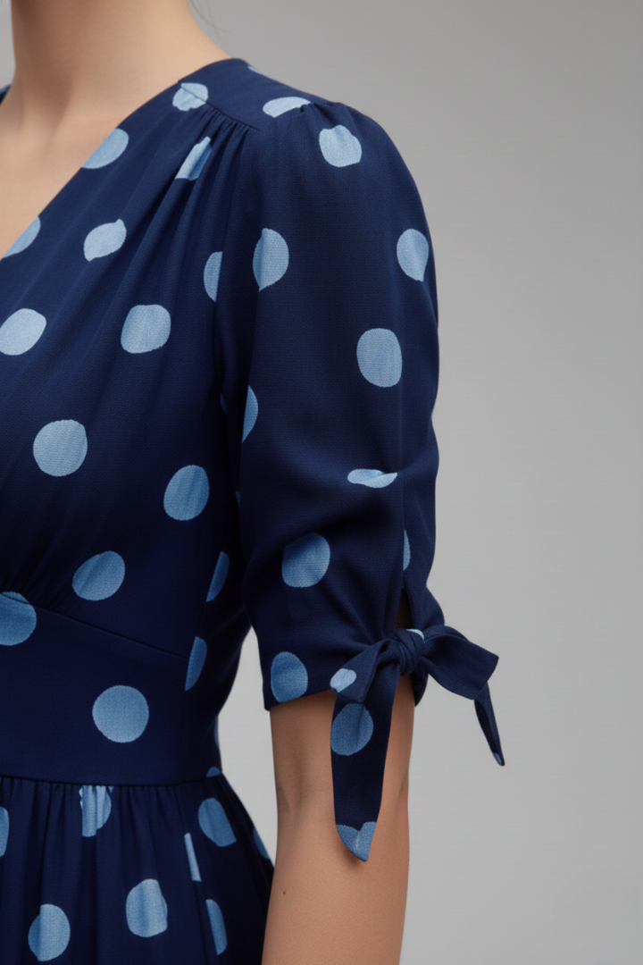 Women's Polka Dot Midi Dress with Buttons and Fitted Design