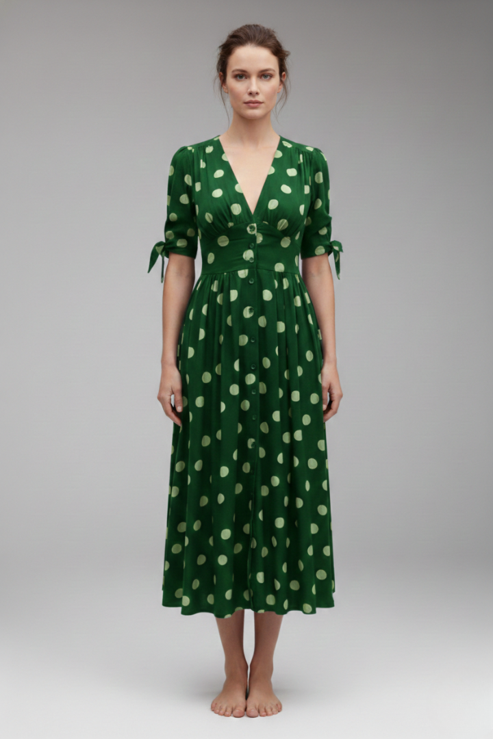 Women's Polka Dot Midi Dress with Buttons and Fitted Design