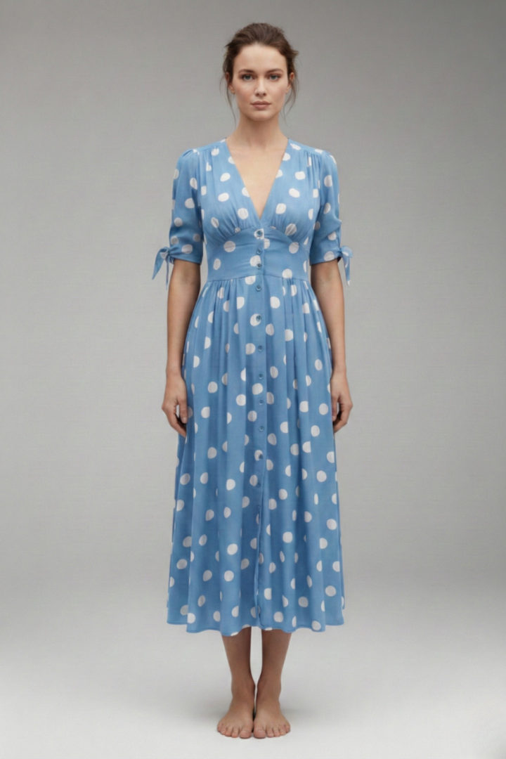 Women's Polka Dot Midi Dress with Buttons and Fitted Design