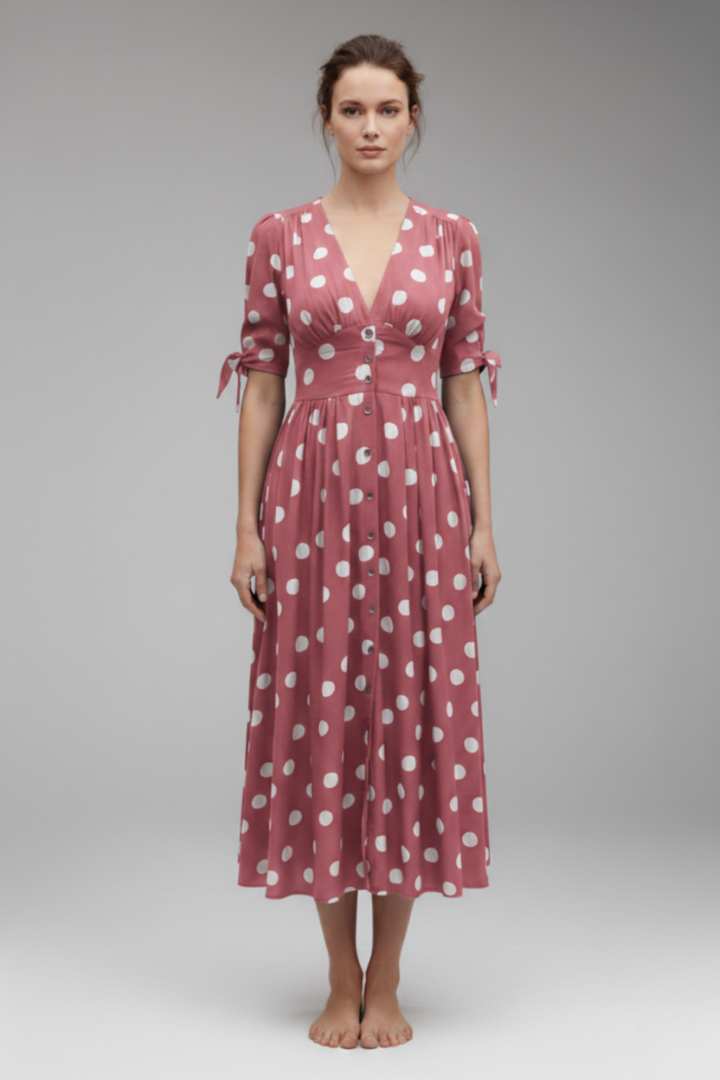 Women's Polka Dot Midi Dress with Buttons and Fitted Design