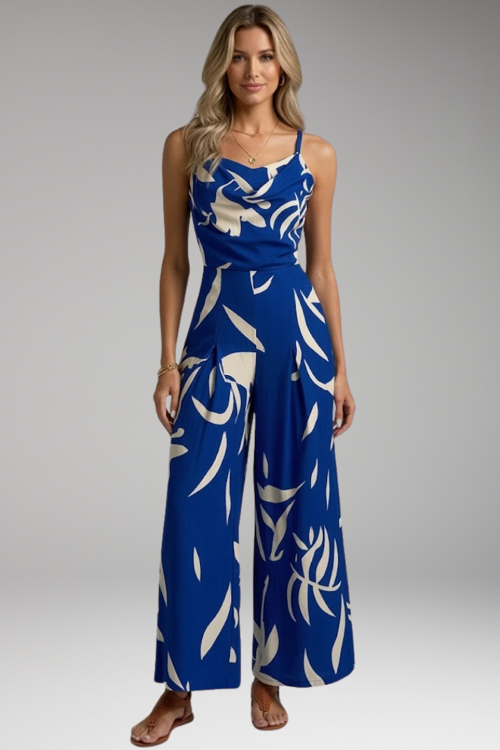 Women's Printed Jumpsuit with Strap Neck and Wide Legs