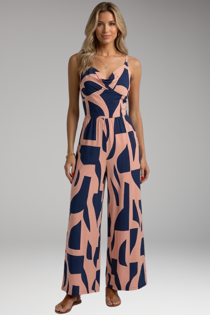 Women's Printed Jumpsuit with Strap Neck and Wide Legs