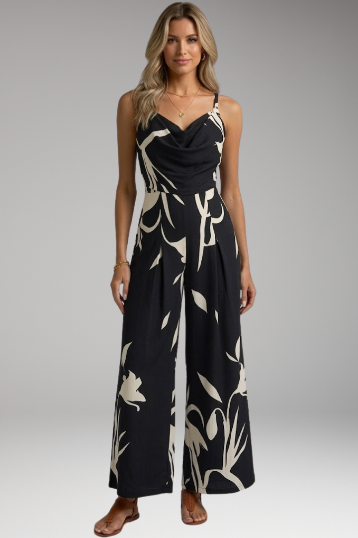 Women's Printed Jumpsuit with Strap Neck and Wide Legs