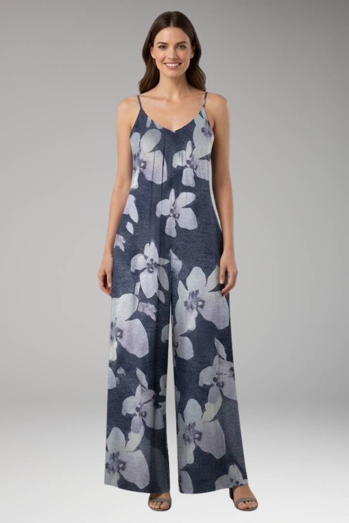 Women's Printed Jumpsuit with Straps and Wide Legs