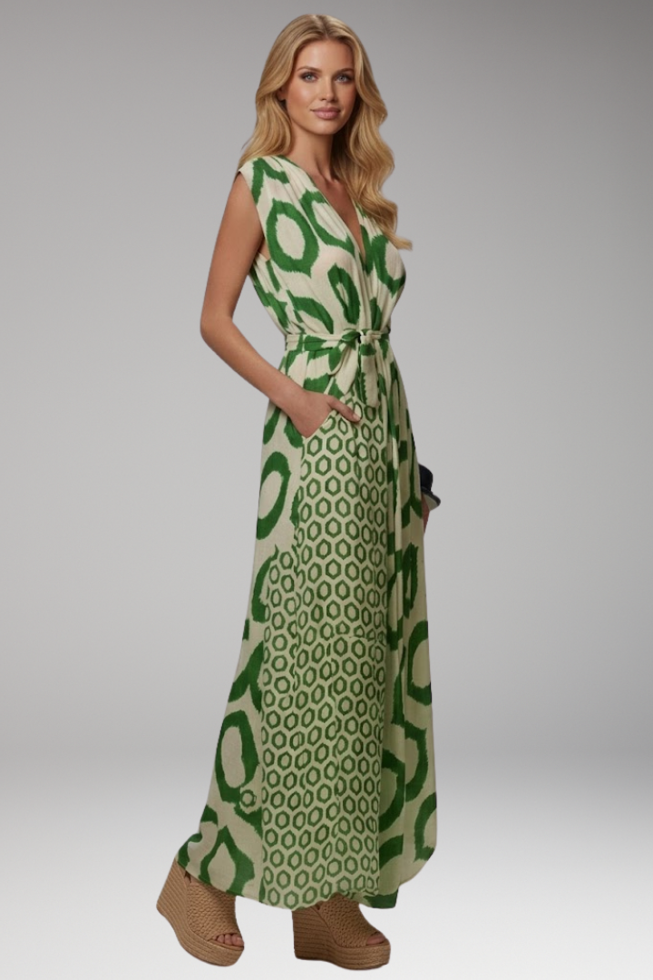 Women's Printed Jumpsuit with V Neckline and Waist Tie