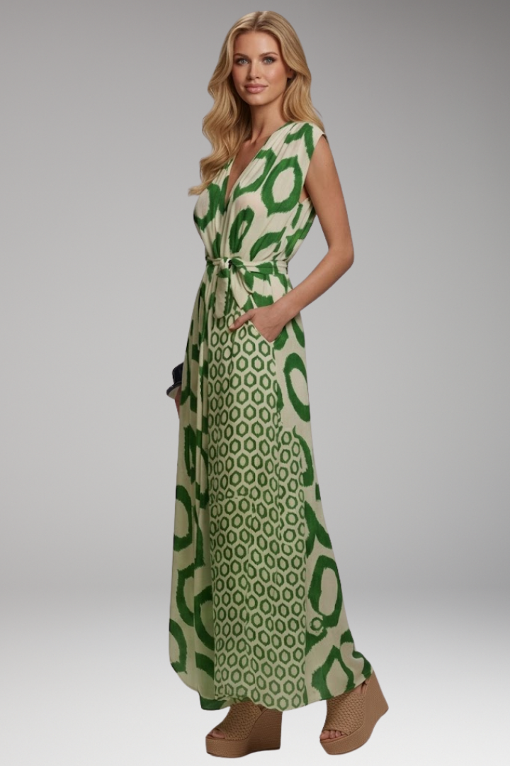 Women's Printed Jumpsuit with V Neckline and Waist Tie
