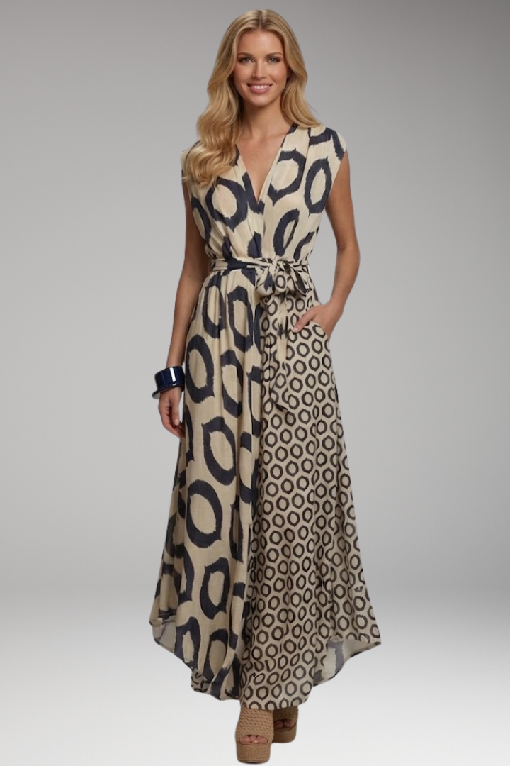 Women's Printed Jumpsuit with V Neckline and Waist Tie