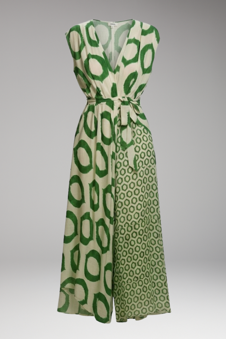 Women's Printed Jumpsuit with V Neckline and Waist Tie